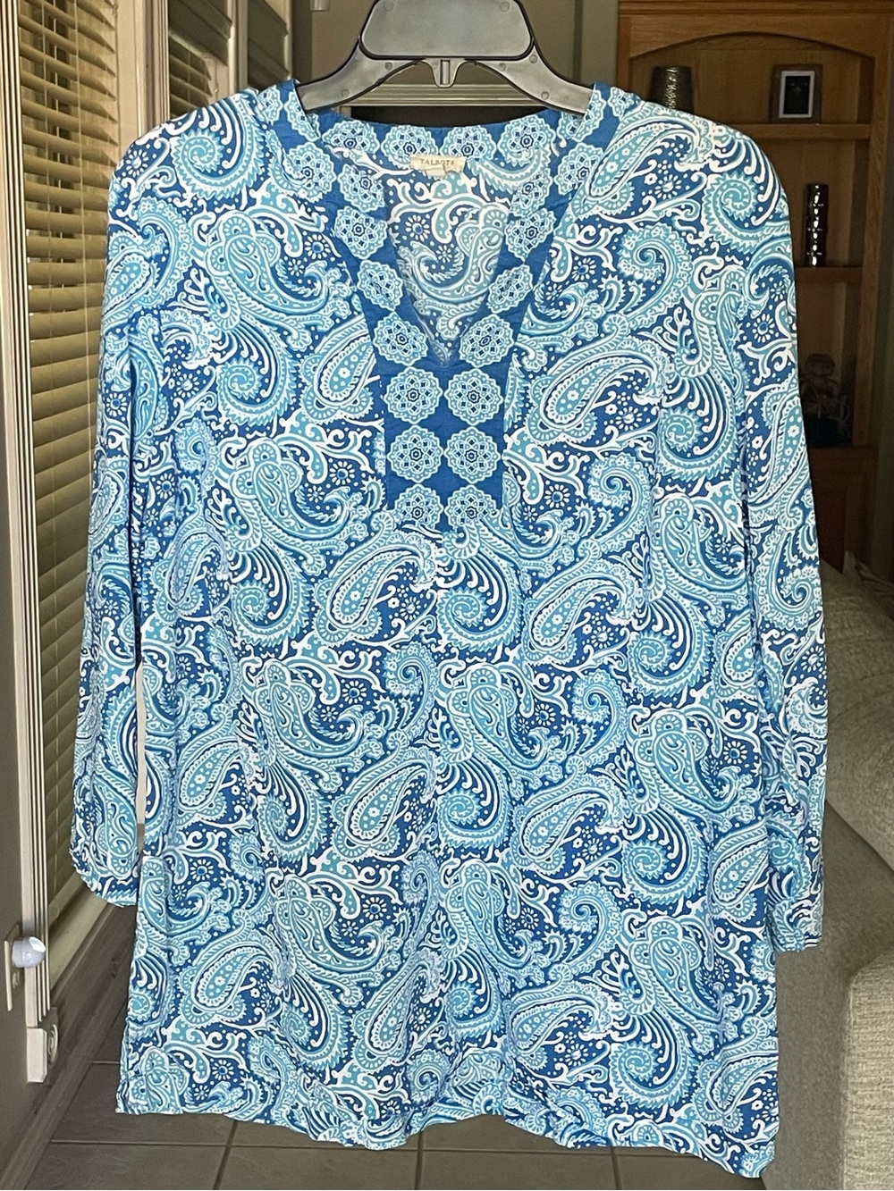 Talbots Blue White Paisley V-Neck Tunic Blouse Size Large Boho